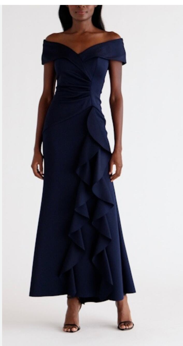 Xscape Evenings Ruffle Off Shoulder Scuba Gown - Size 12